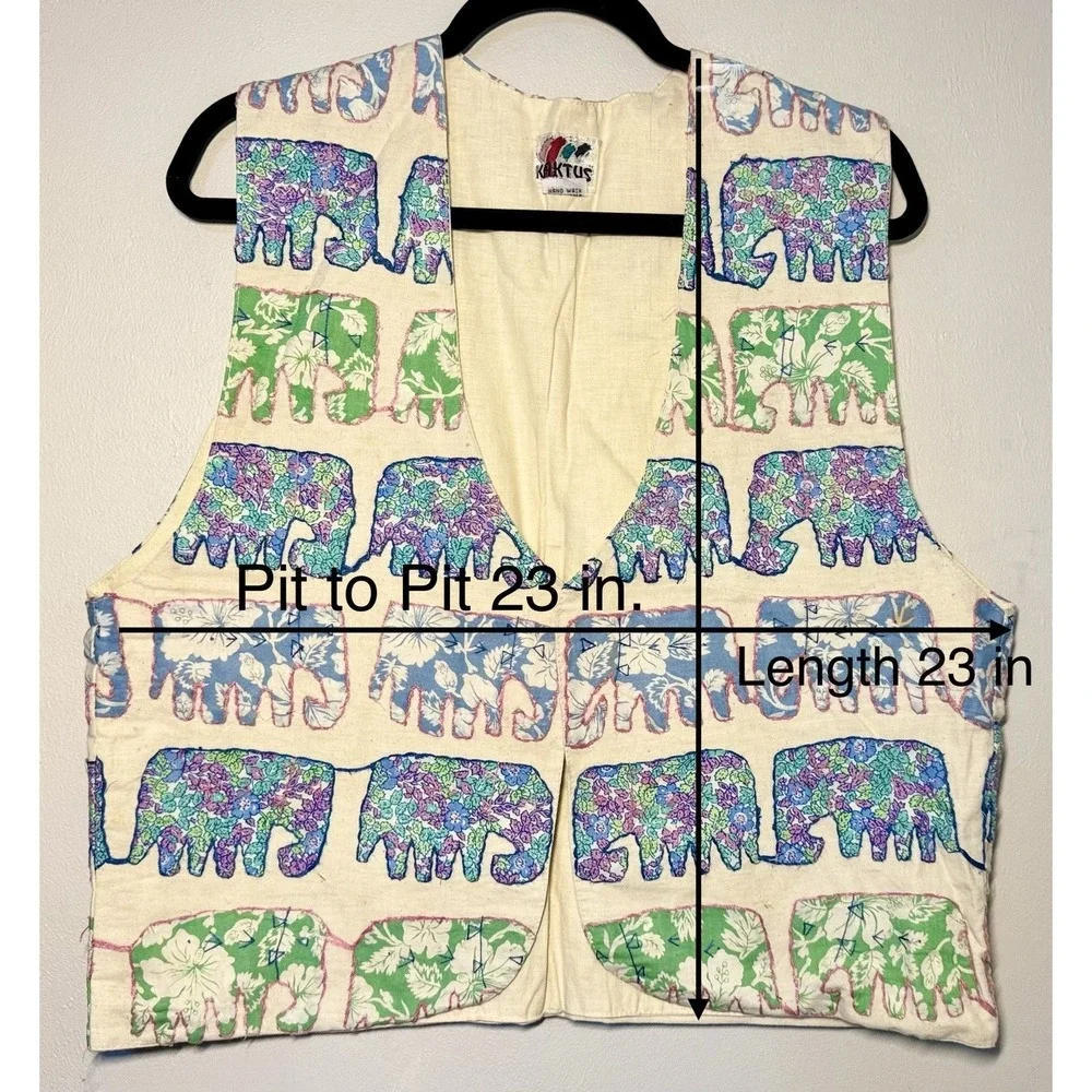 Vintage Hippy Kaktus Vest Size L Elephant Quilted Stitch Safari Savanna 90s Boho